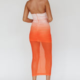 Logan Strapless Ruched Midi Dress Gradient Orange