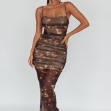 Logan Strapless Ruched Midi Dress Brown
