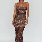 Logan Strapless Ruched Midi Dress Brown