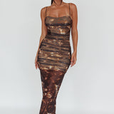 Logan Strapless Ruched Midi Dress Brown