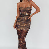 Logan Strapless Ruched Midi Dress Brown