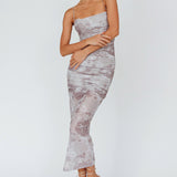 Logan Strapless Ruched Midi Dress Print Sand