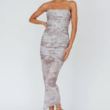 Logan Strapless Ruched Midi Dress Print Sand