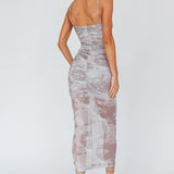 Logan Strapless Ruched Midi Dress Print Sand