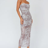 Logan Strapless Ruched Midi Dress Print Sand