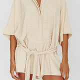 Daytona Beach Button-Up Romper Textured Beige