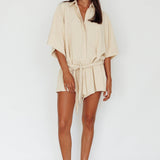 Daytona Beach Button-Up Romper Textured Beige