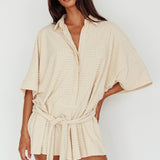 Daytona Beach Button-Up Romper Textured Beige