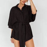Daytona Beach Button-Up Romper Textured Black