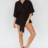 Daytona Beach Button-Up Romper Textured Black