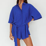 Daytona Beach Button-Up Romper Textured Blue