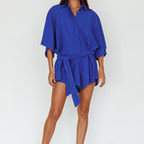 Daytona Beach Button-Up Romper Textured Blue