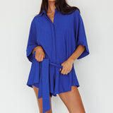 Daytona Beach Button-Up Romper Textured Blue