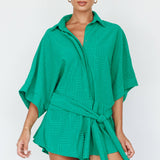 Daytona Beach Button-Up Romper Textured Green