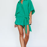 Daytona Beach Button-Up Romper Textured Green