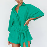 Daytona Beach Button-Up Romper Textured Green