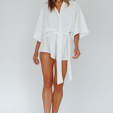 Daytona Beach Button-Up Romper Textured White