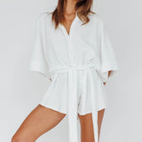 Daytona Beach Button-Up Romper Textured White