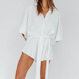 Daytona Beach Button-Up Romper Textured White