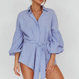 Daytona Beach Long Sleeve Shirt Romper Blue Stripe