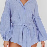 Daytona Beach Long Sleeve Shirt Romper Blue Stripe