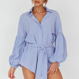 Daytona Beach Long Sleeve Shirt Romper Blue Stripe