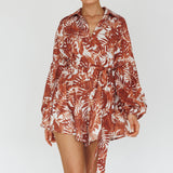 Daytona Beach Long Sleeve Shirt Romper Leaves Brown
