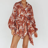 Daytona Beach Long Sleeve Shirt Romper Leaves Brown