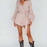 Daytona Beach Long Sleeve Shirt Romper Terracotta Stripe