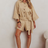 Daytona Beach Button-Up Romper Beige