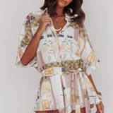Daytona Beach Button-Up Romper Euro Print Olive