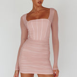 Dream Catcher Long Sleeve Ruched Mini Dress Blush