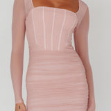 Dream Catcher Long Sleeve Ruched Mini Dress Blush