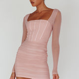 Dream Catcher Long Sleeve Ruched Mini Dress Blush