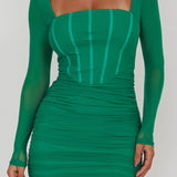 Dream Catcher Long Sleeve Ruched Mini Dress Green