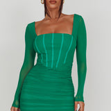 Dream Catcher Long Sleeve Ruched Mini Dress Green
