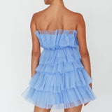 Bon Bon Tiered Mesh Mini Dress Steel Blue