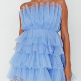 Bon Bon Tiered Mesh Mini Dress Steel Blue