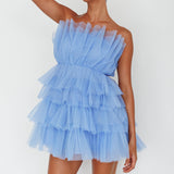 Bon Bon Tiered Mesh Mini Dress Steel Blue
