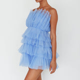 Bon Bon Tiered Mesh Mini Dress Steel Blue