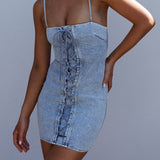 Don't Try Me Lace Up Mini Dress Denim