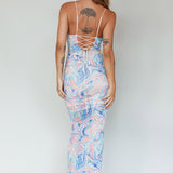 Love In Miami Lace-Up Back Midi Dress Swirl Blue