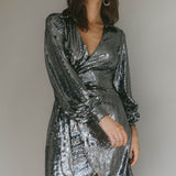 Ruma Faux Wrap Shirt Dress Sequin Metal