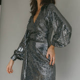 Ruma Faux Wrap Shirt Dress Sequin Metal