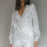 Ruma Faux Wrap Shirt Dress Sequin Silver
