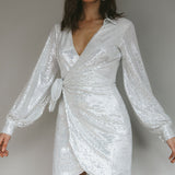 Ruma Faux Wrap Shirt Dress Sequin Silver