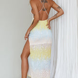 Gleaming Diamante Strap Midi Dress Sequin Lemon