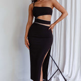 Raye Cut-Out Waist Rhinestone Midi Dress Black