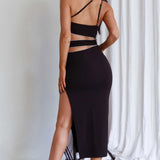 Raye Cut-Out Waist Rhinestone Midi Dress Black