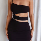 Raye Cut-Out Waist Rhinestone Midi Dress Black